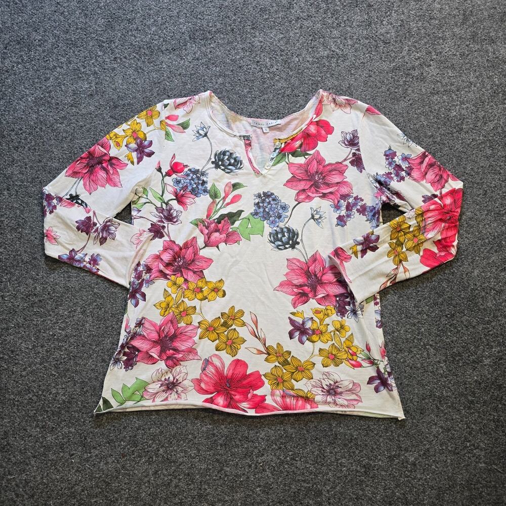 Tempo Paris Top Womens Size Small White Pink Floral V Neck Long Sleeve Casual